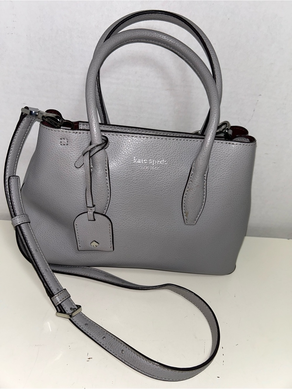 Kate Spade Eva Small Gray Pebbled Leather Top Handle Satchel Shoulder Bag